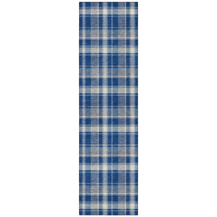 8' Runner Navy and Ivory Plaid Washable Non Skid Indoor Outdoor Runner Rug