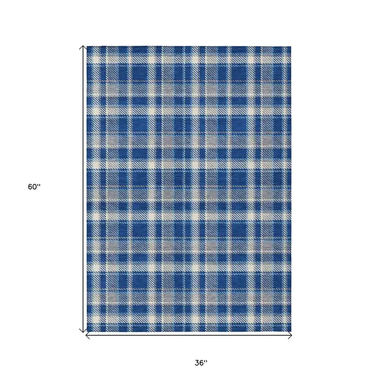 3' X 5' Navy and Ivory Plaid Washable Non Skid Indoor Outdoor Area Rug