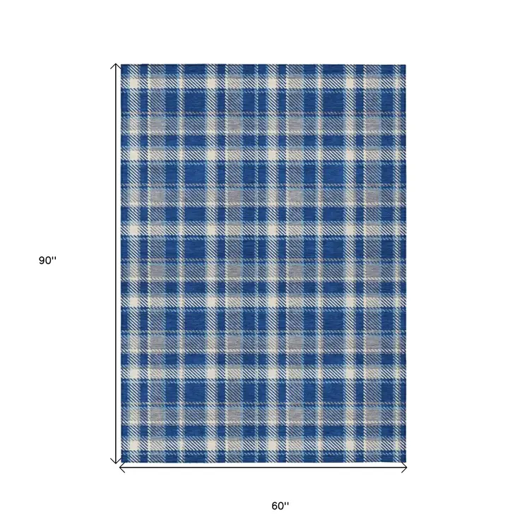 5' X 8' Navy and Ivory Plaid Washable Non Skid Indoor Outdoor Area Rug