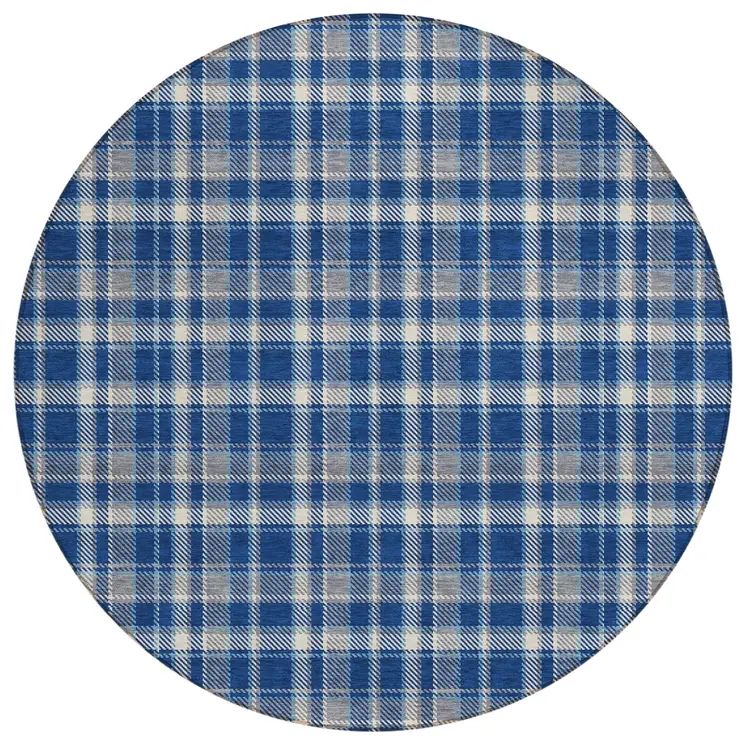 8' Round Navy and Ivory Round Plaid Washable Non Skid Indoor Outdoor Area Rug