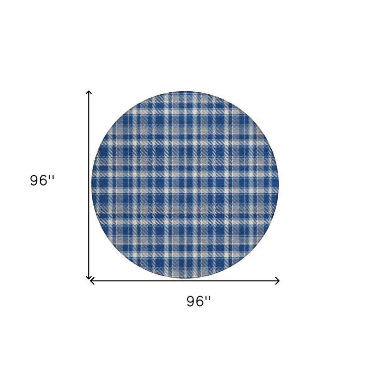 8' Round Navy and Ivory Round Plaid Washable Non Skid Indoor Outdoor Area Rug