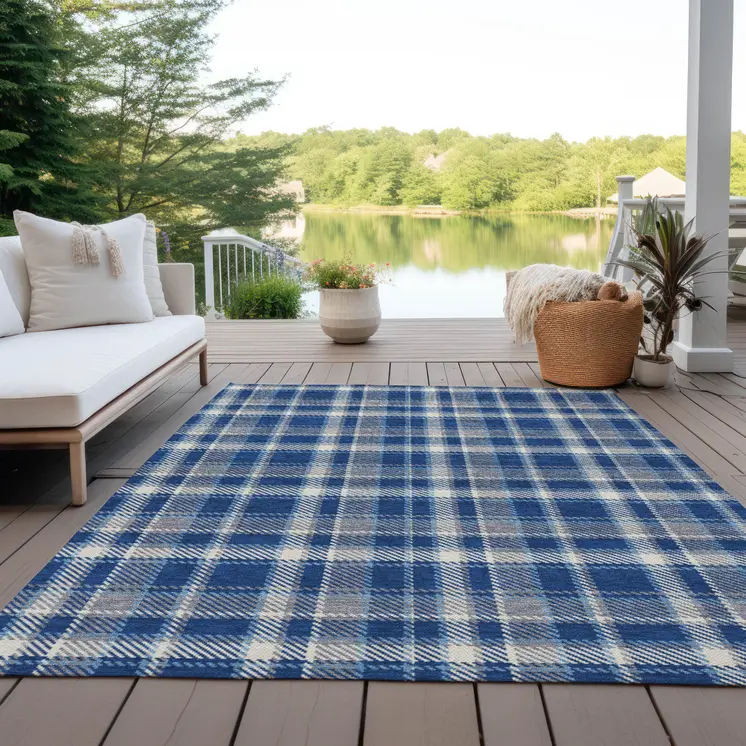 8' X 10' Navy and Ivory Plaid Washable Non Skid Indoor Outdoor Area Rug