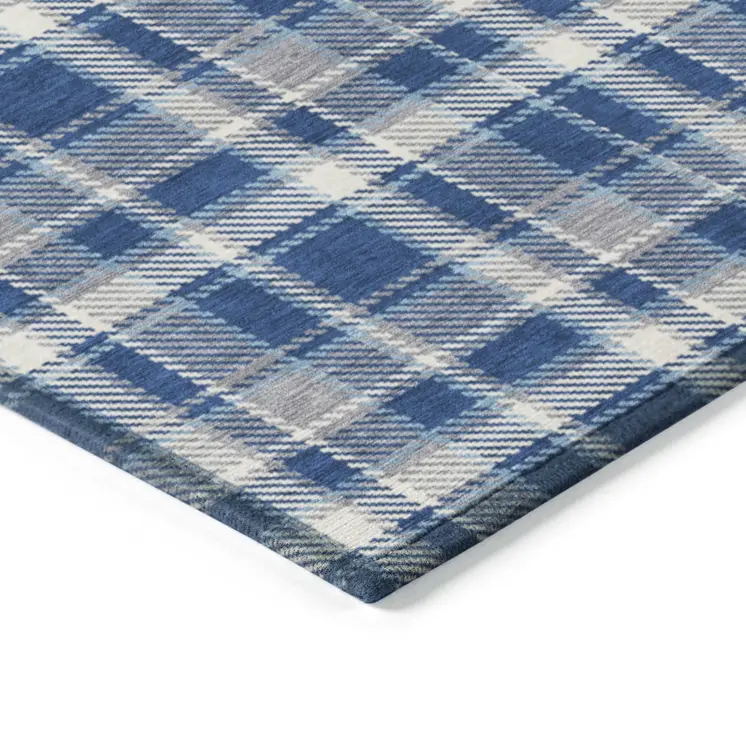 8' X 10' Navy and Ivory Plaid Washable Non Skid Indoor Outdoor Area Rug