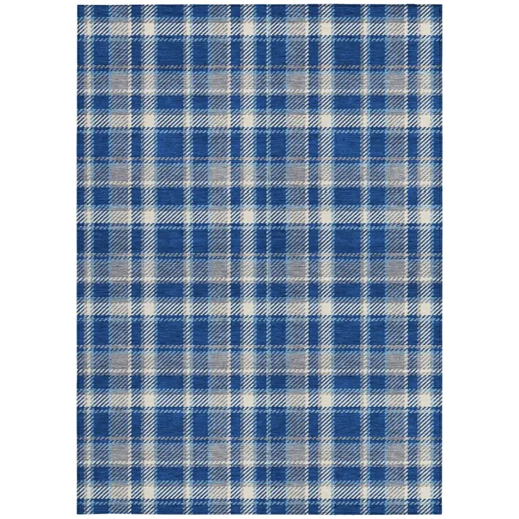8' X 10' Navy and Ivory Plaid Washable Non Skid Indoor Outdoor Area Rug