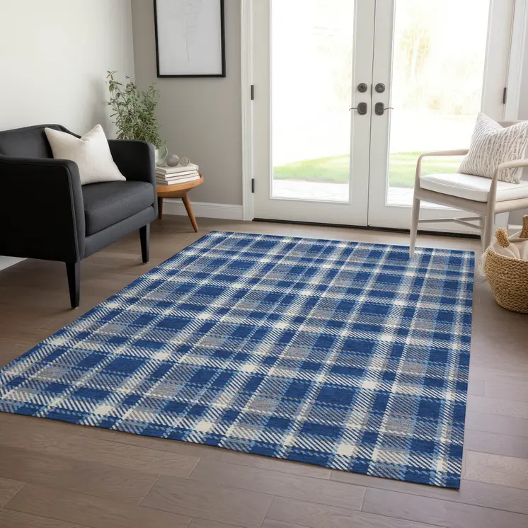 8' X 10' Navy and Ivory Plaid Washable Non Skid Indoor Outdoor Area Rug