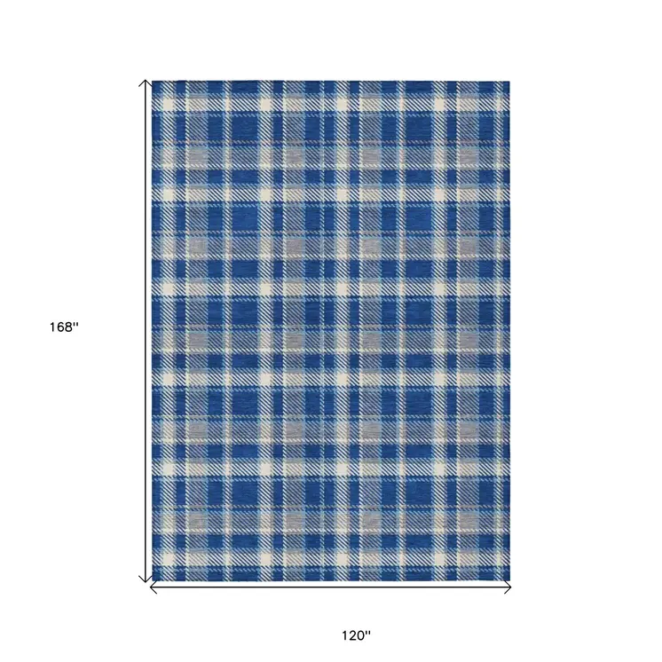 10' X 14' Navy and Ivory Plaid Washable Non Skid Indoor Outdoor Area Rug