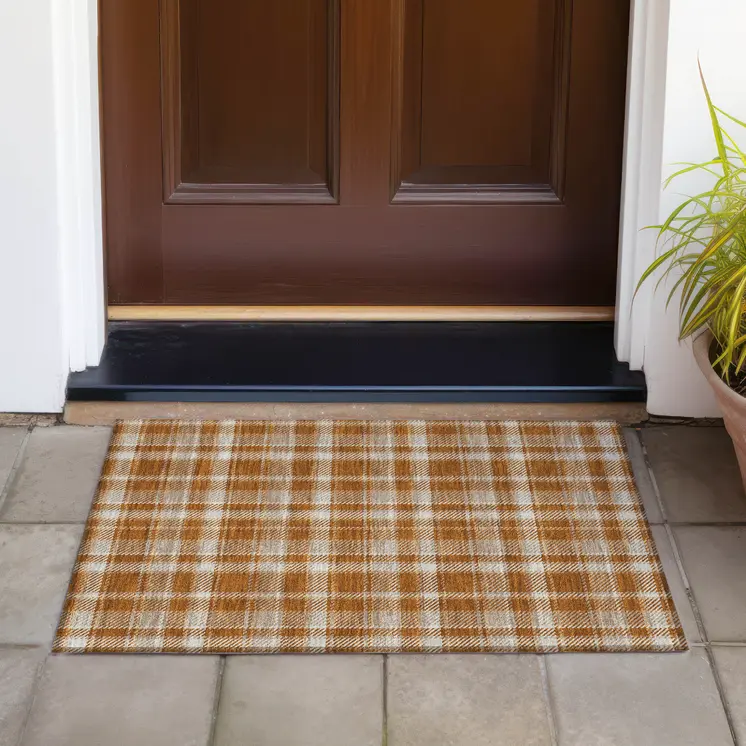 2' X 3' Orange and Ivory Plaid Washable Non Skid Indoor Outdoor Area Rug