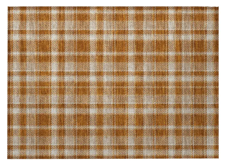2' X 3' Orange and Ivory Plaid Washable Non Skid Indoor Outdoor Area Rug
