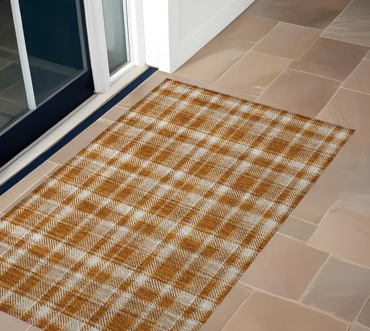 2' X 3' Orange and Ivory Plaid Washable Non Skid Indoor Outdoor Area Rug