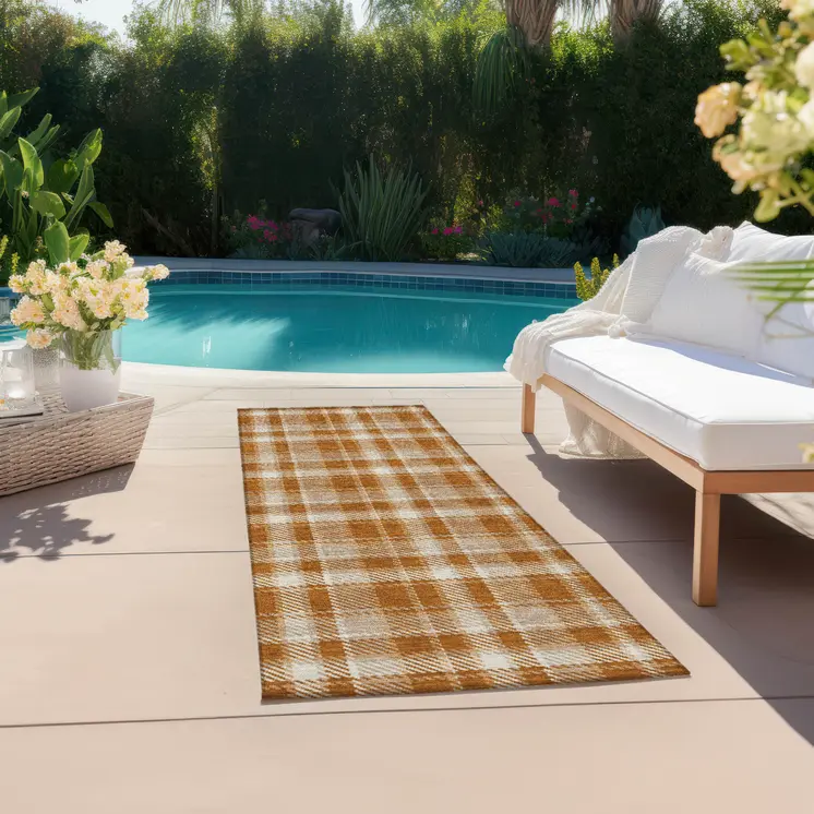 8' Runner Orange and Ivory Plaid Washable Non Skid Indoor Outdoor Runner Rug