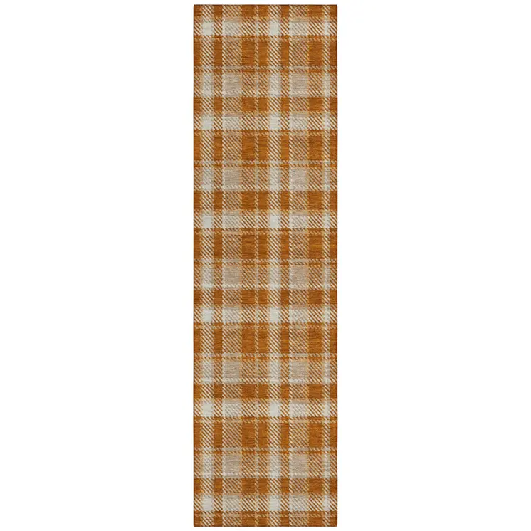 8' Runner Orange and Ivory Plaid Washable Non Skid Indoor Outdoor Runner Rug