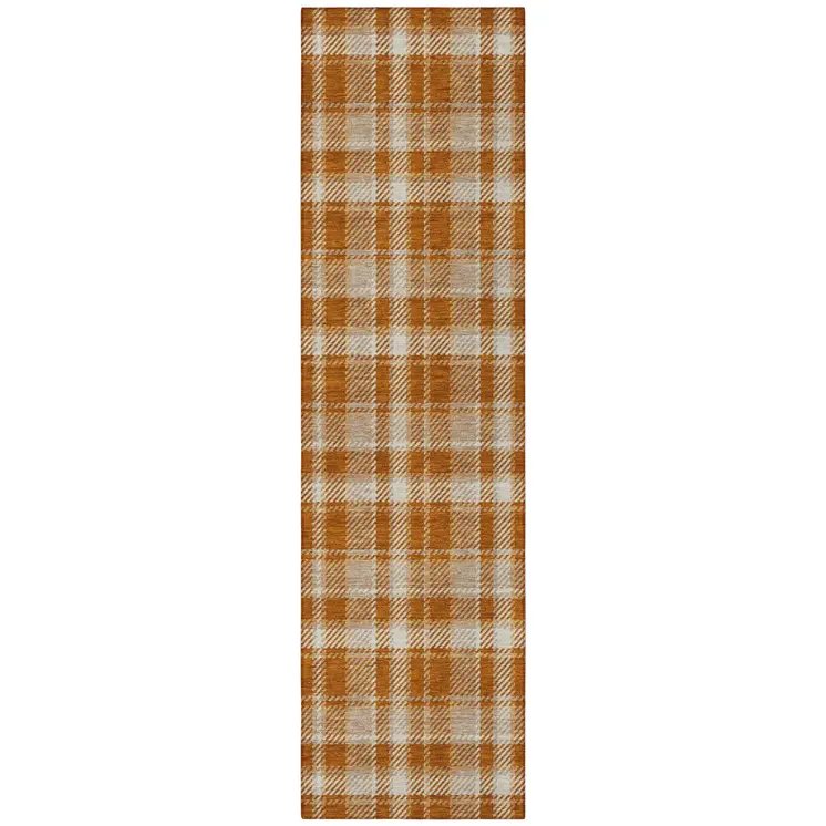 8' Runner Orange and Ivory Plaid Washable Non Skid Indoor Outdoor Runner Rug