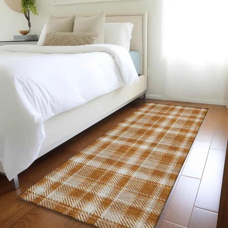 8' Runner Orange and Ivory Plaid Washable Non Skid Indoor Outdoor Runner Rug