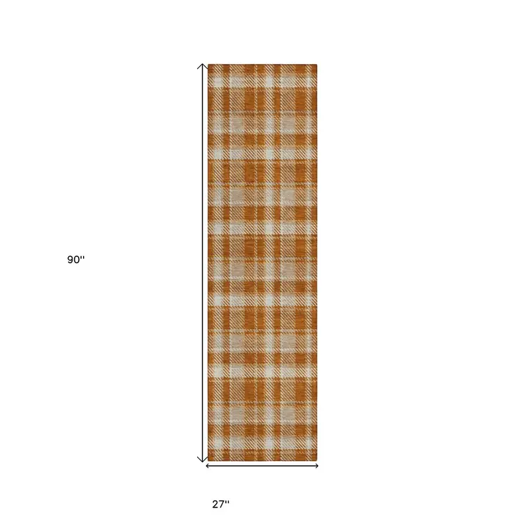 8' Runner Orange and Ivory Plaid Washable Non Skid Indoor Outdoor Runner Rug