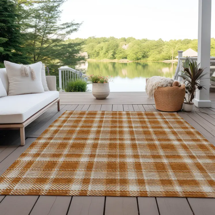 3' X 5' Orange And Ivory Plaid Washable Indoor Outdoor Area Rug