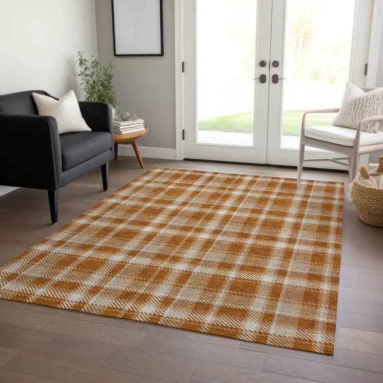 3' X 5' Orange And Ivory Plaid Washable Indoor Outdoor Area Rug