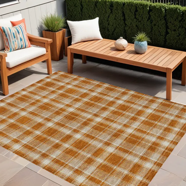 5' X 8' Orange and Ivory Plaid Washable Non Skid Indoor Outdoor Area Rug
