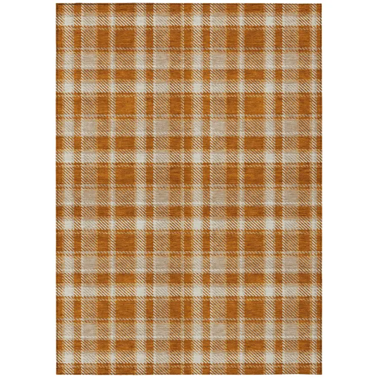 5' X 8' Orange and Ivory Plaid Washable Non Skid Indoor Outdoor Area Rug