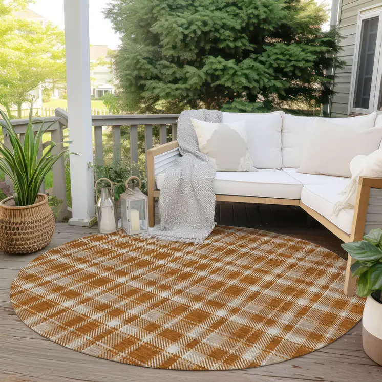 8' Round Orange and Ivory Round Plaid Washable Non Skid Indoor Outdoor Area Rug