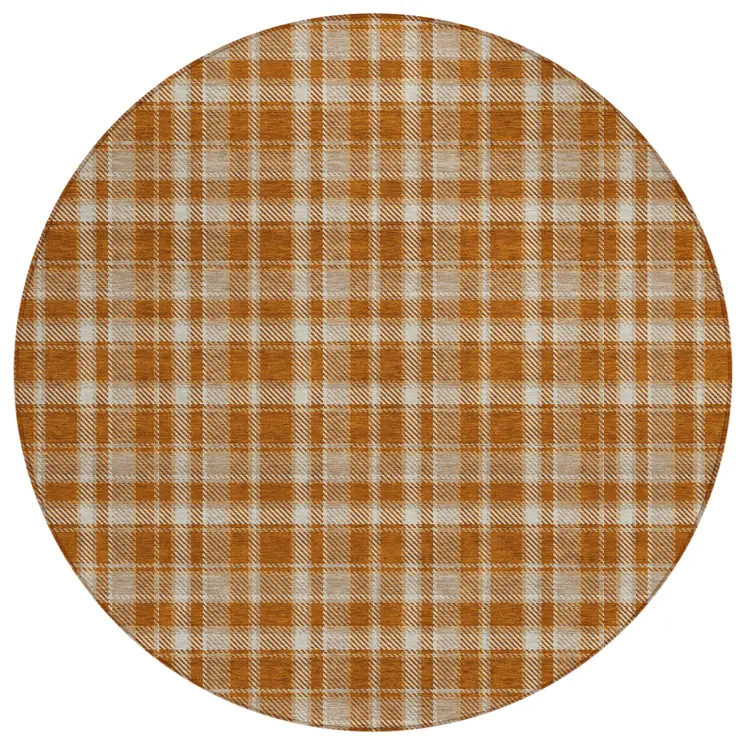 8' Round Orange and Ivory Round Plaid Washable Non Skid Indoor Outdoor Area Rug