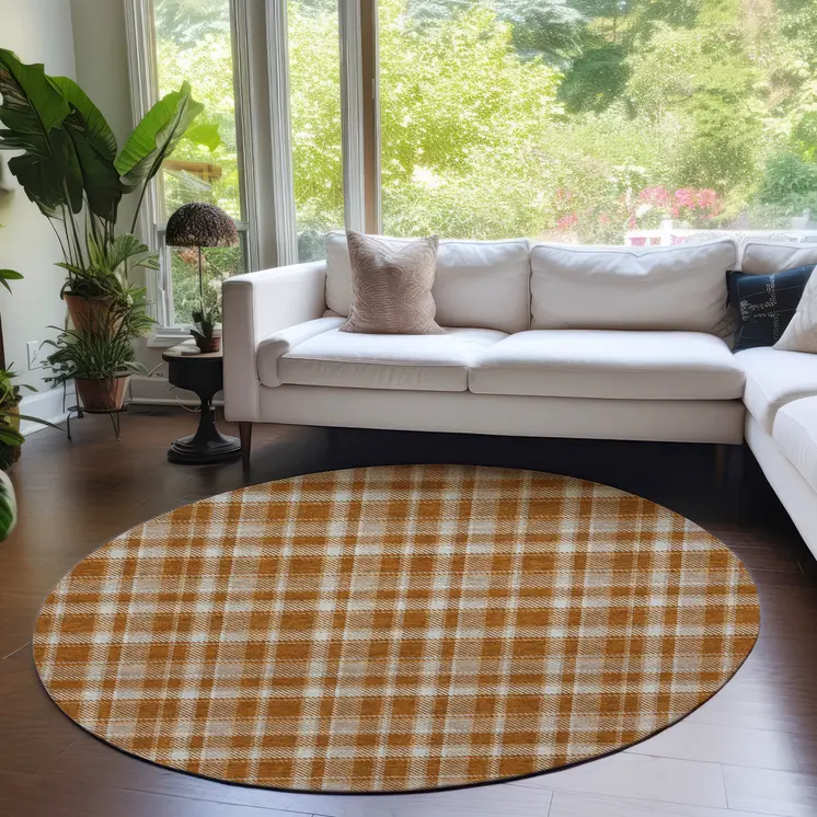 8' Round Orange and Ivory Round Plaid Washable Non Skid Indoor Outdoor Area Rug