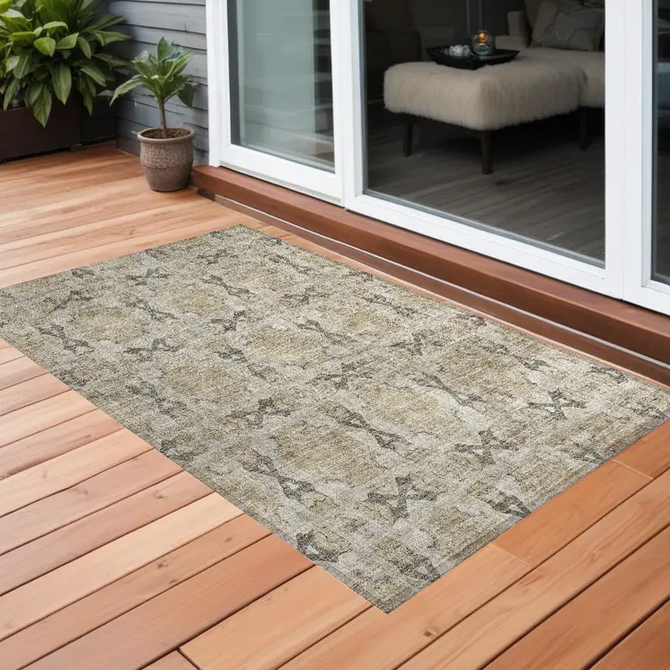 2' X 3' Beige and Gray Floral Medallion Washable Non Skid Indoor Outdoor Area Rug
