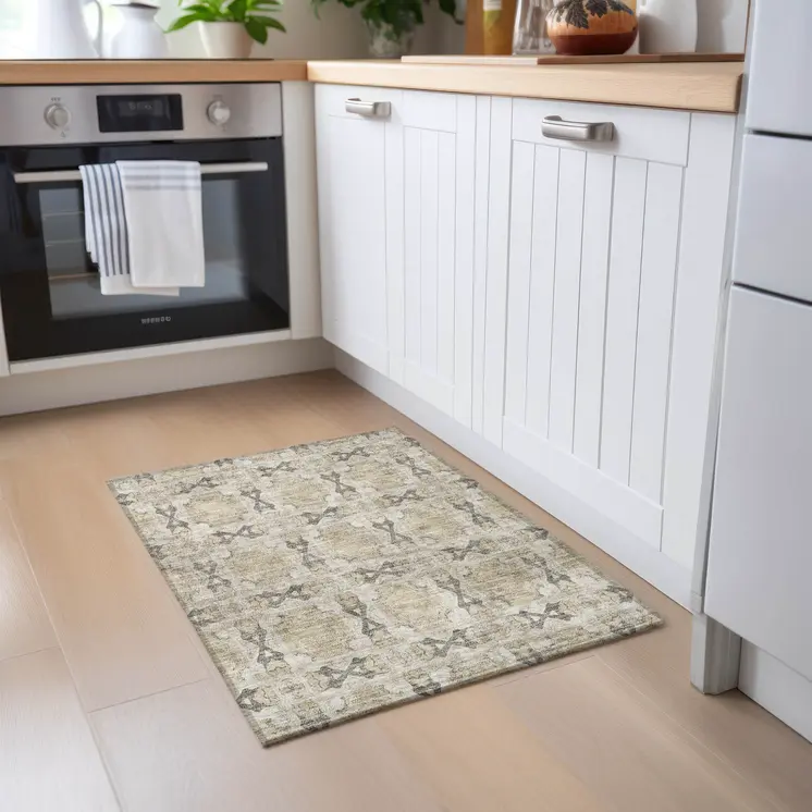 2' X 3' Beige and Gray Floral Medallion Washable Non Skid Indoor Outdoor Area Rug
