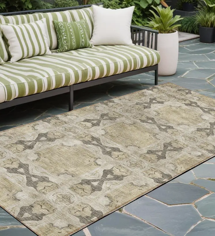 8' Runner Beige and Gray Floral Medallion Washable Non Skid Indoor Outdoor Runner Rug
