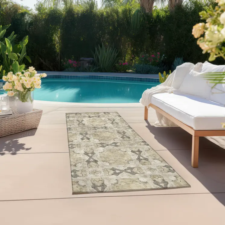 8' Runner Beige and Gray Floral Medallion Washable Non Skid Indoor Outdoor Runner Rug