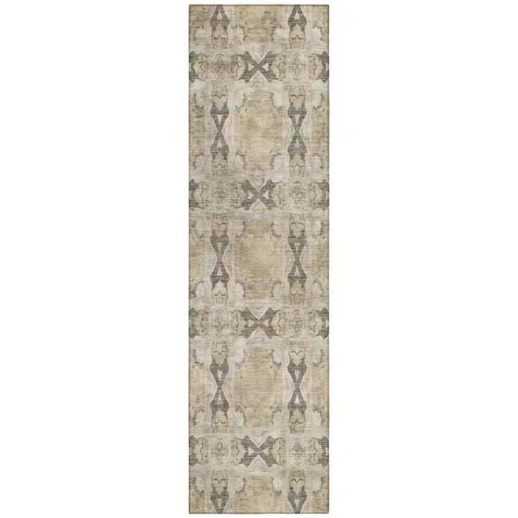 8' Runner Beige and Gray Floral Medallion Washable Non Skid Indoor Outdoor Runner Rug