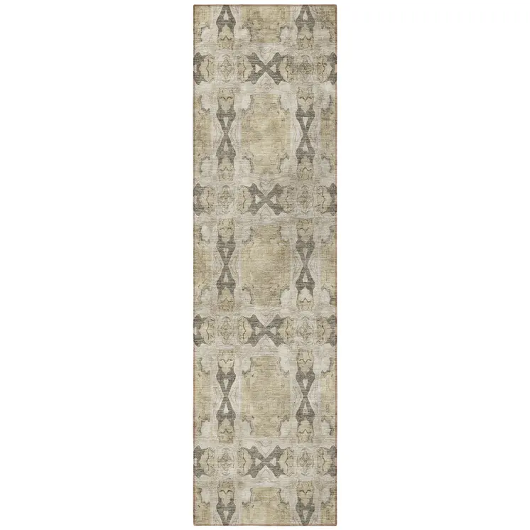 8' Runner Beige and Gray Floral Medallion Washable Non Skid Indoor Outdoor Runner Rug