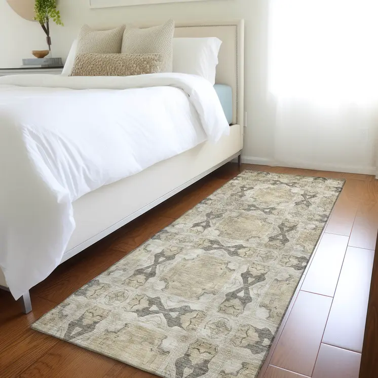 8' Runner Beige and Gray Floral Medallion Washable Non Skid Indoor Outdoor Runner Rug