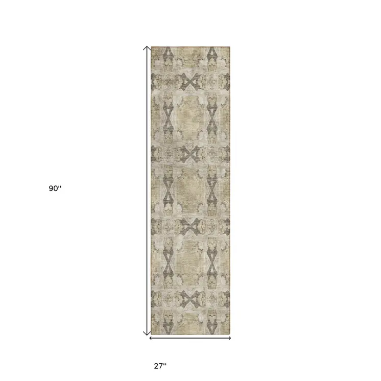 8' Runner Beige and Gray Floral Medallion Washable Non Skid Indoor Outdoor Runner Rug