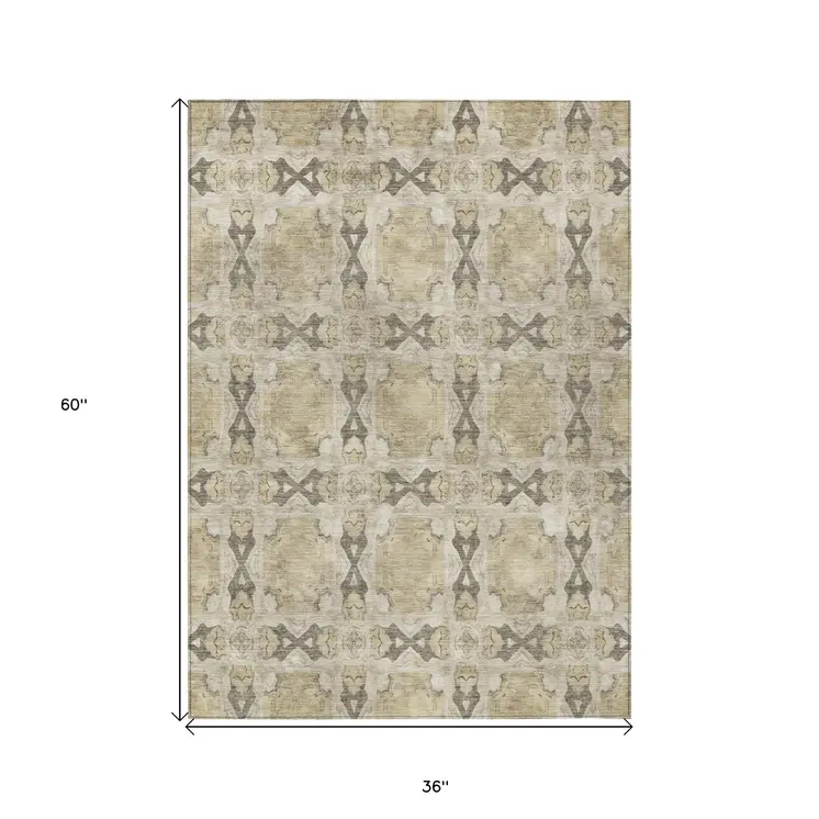 3' X 5' Beige and Gray Floral Medallion Washable Non Skid Indoor Outdoor Area Rug