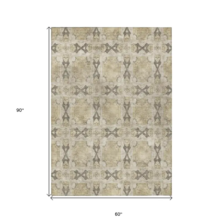 5' X 8' Beige and Gray Floral Medallion Washable Non Skid Indoor Outdoor Area Rug