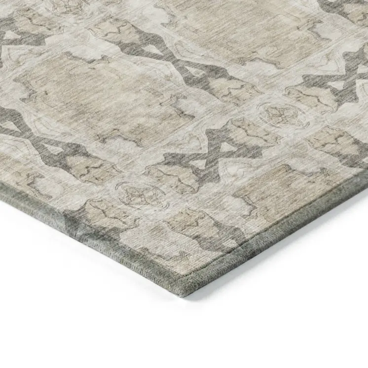 5' X 8' Beige and Gray Floral Medallion Washable Non Skid Indoor Outdoor Area Rug