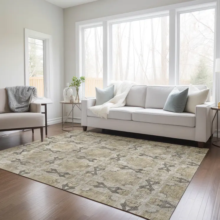 5' X 8' Beige and Gray Floral Medallion Washable Non Skid Indoor Outdoor Area Rug