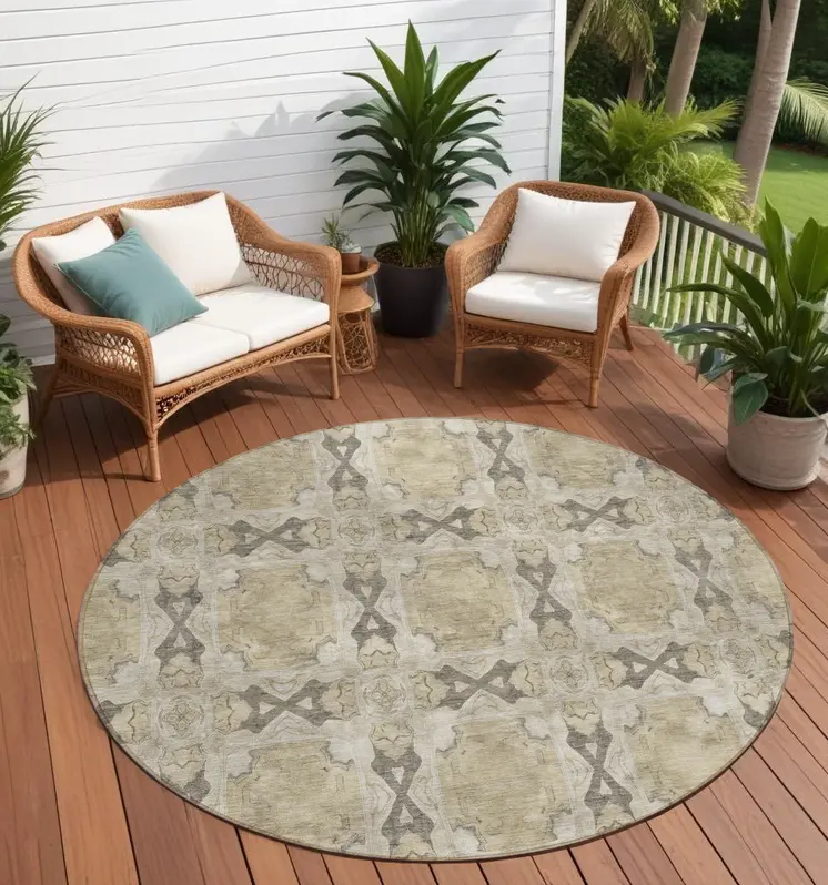 8' Beige And Gray Round Floral Medallion Washable Indoor Outdoor Area Rug