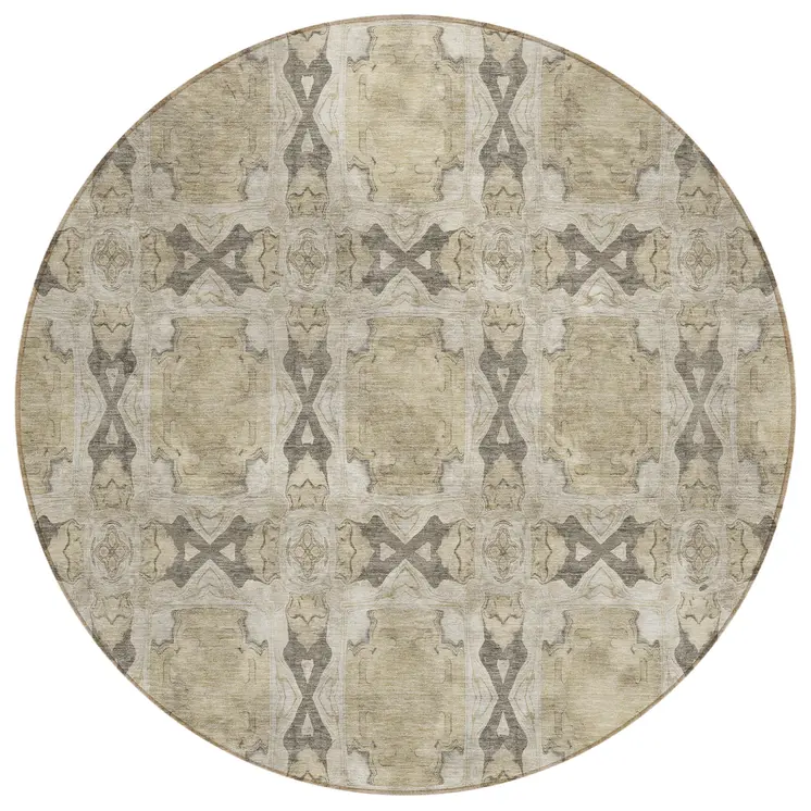 8' Beige And Gray Round Floral Medallion Washable Indoor Outdoor Area Rug