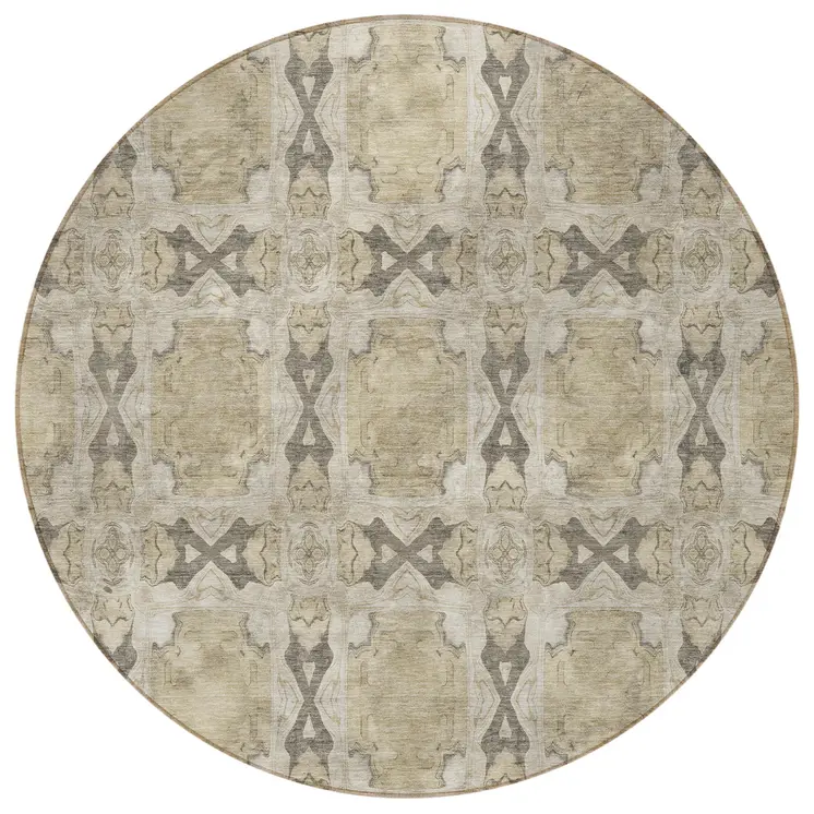 8' Beige And Gray Round Floral Medallion Washable Indoor Outdoor Area Rug