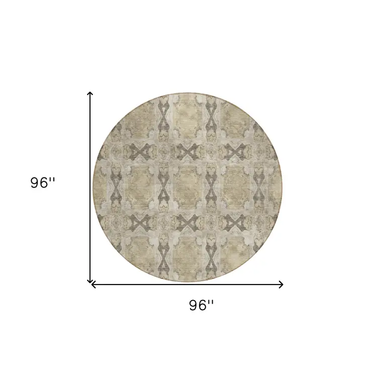 8' Beige And Gray Round Floral Medallion Washable Indoor Outdoor Area Rug