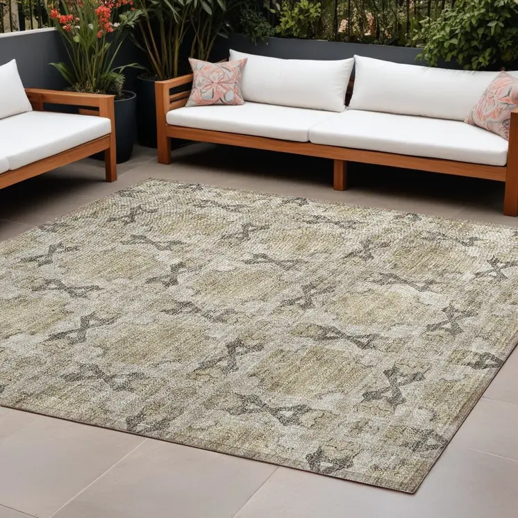 8' X 10' Beige and Gray Floral Medallion Washable Non Skid Indoor Outdoor Area Rug