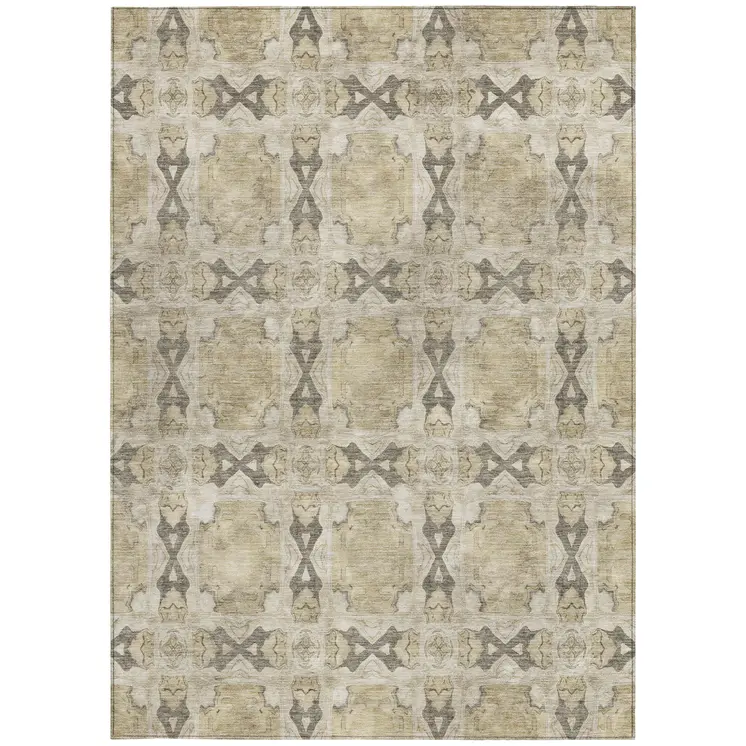 8' X 10' Beige and Gray Floral Medallion Washable Non Skid Indoor Outdoor Area Rug