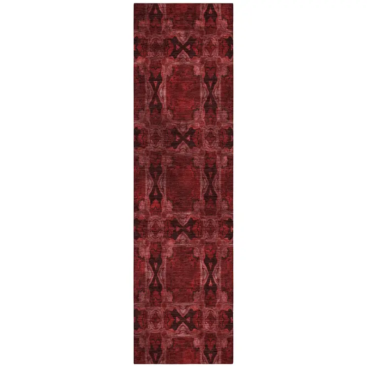 8' Burgundy And Black Floral Medallion Washable Indoor Outdoor Runner Rug