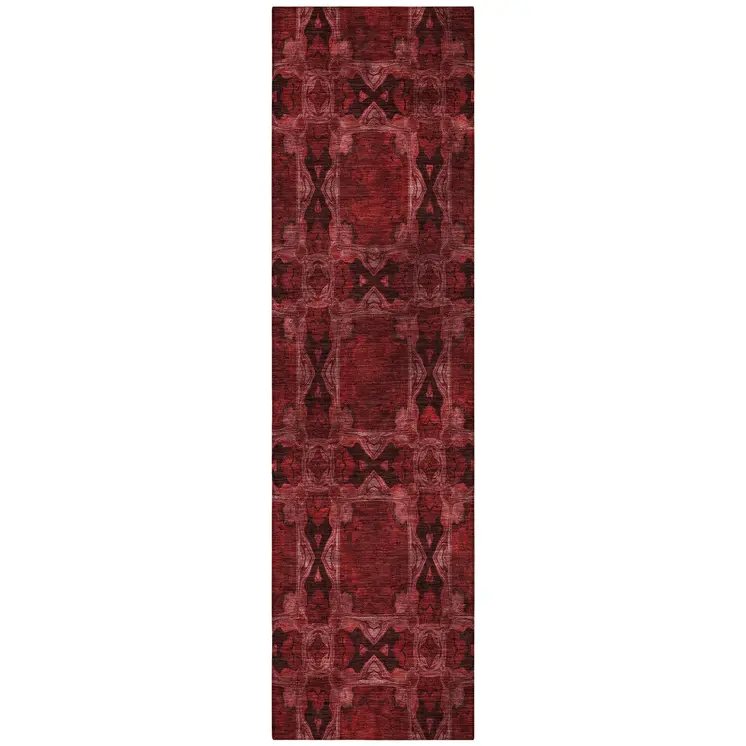 8' Burgundy And Black Floral Medallion Washable Indoor Outdoor Runner Rug