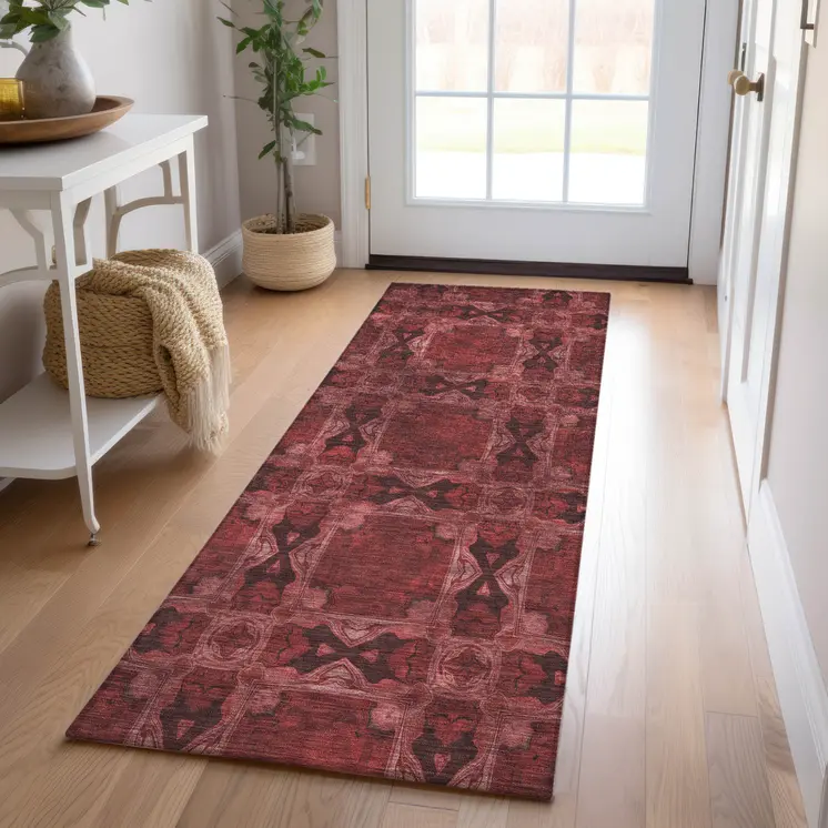 8' Burgundy And Black Floral Medallion Washable Indoor Outdoor Runner Rug