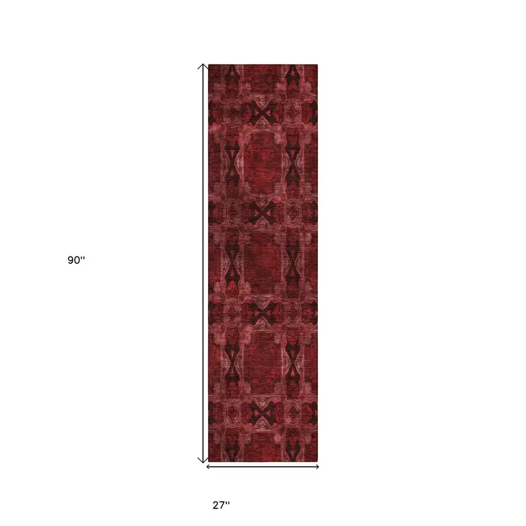 8' Burgundy And Black Floral Medallion Washable Indoor Outdoor Runner Rug