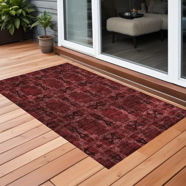 3' X 5' Burgundy And Black Floral Medallion Washable Indoor Outdoor Area Rug