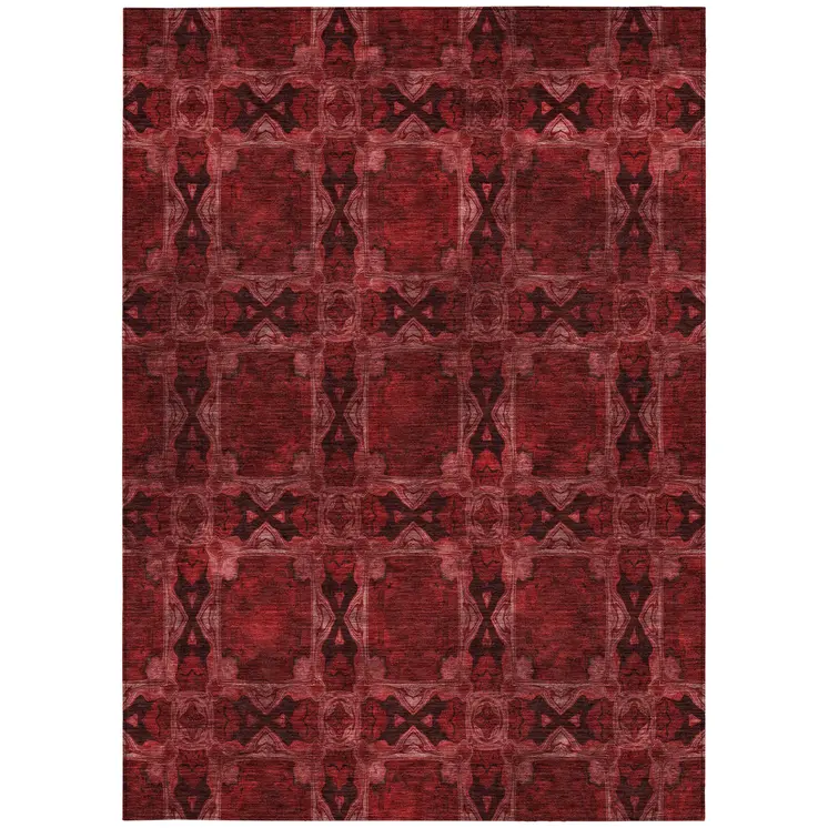 9' X 12' Burgundy and Black Floral Medallion Washable Non Skid Indoor Outdoor Area Rug