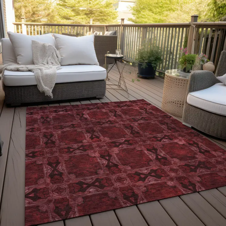 9' X 12' Burgundy and Black Floral Medallion Washable Non Skid Indoor Outdoor Area Rug